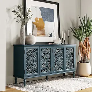 HULALA HOME Emathides 63" Wide Sideboard with LED Lamp & Adjustable Shelves for Versatile Aesthetic Versatility Solid Hardwood Hollow Floral Carved Design