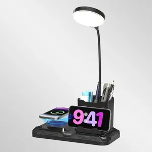 4 in 1 Desk Lamp with  Charger - 360? Rotating Gooseneck Small Table Lamp with Pen Holder & Phone Stand, Adjustable White and Warm Light Dual Mode LED Desk Light for College Dorm Room