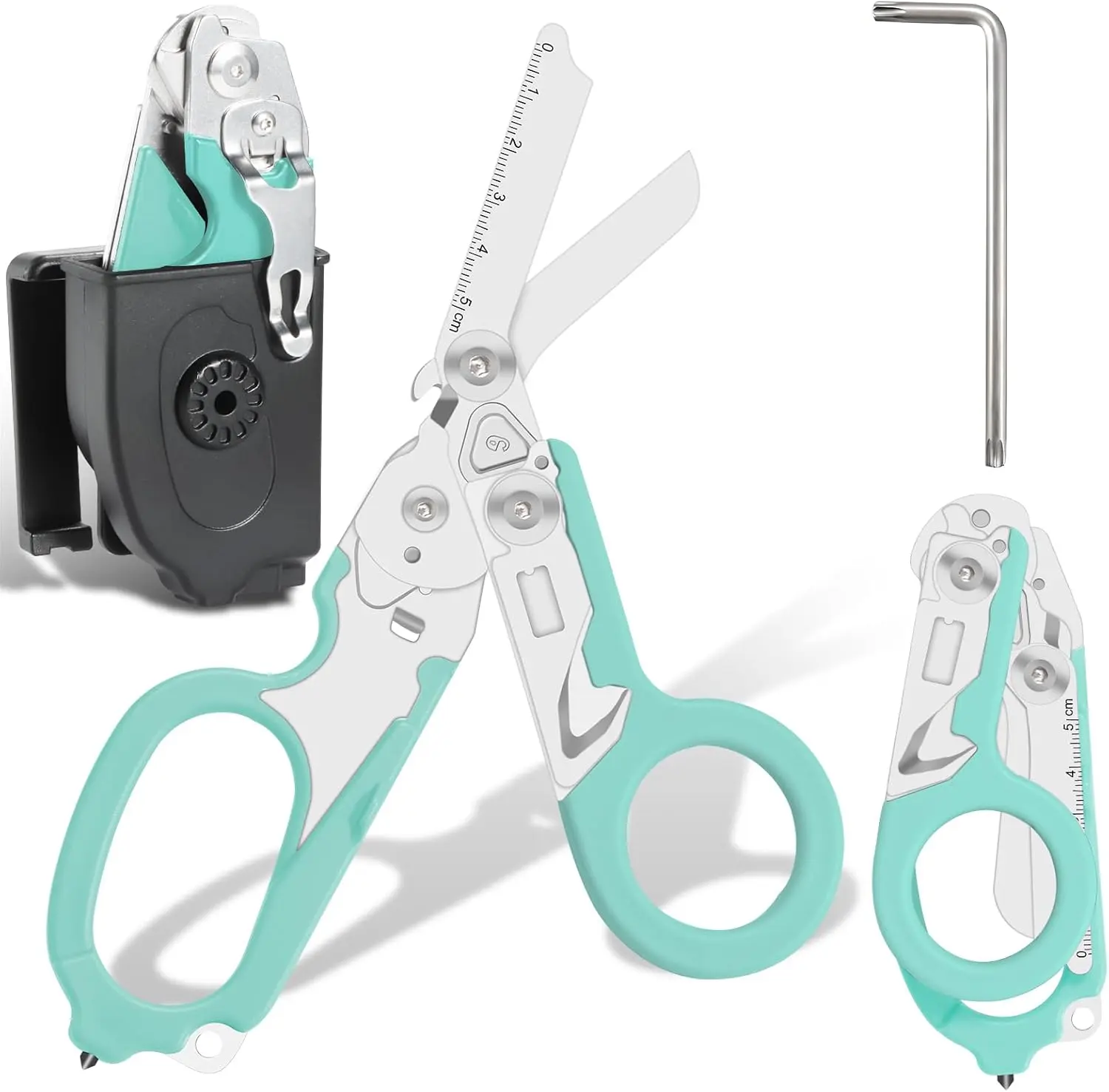 Stainless Steel Trauma Shears - 6-in-1 Multi-Tool Emergency Scissors with Ring Handle, Folds Compactly, Compatible Holster for EMTs, Camping (Turquoise)