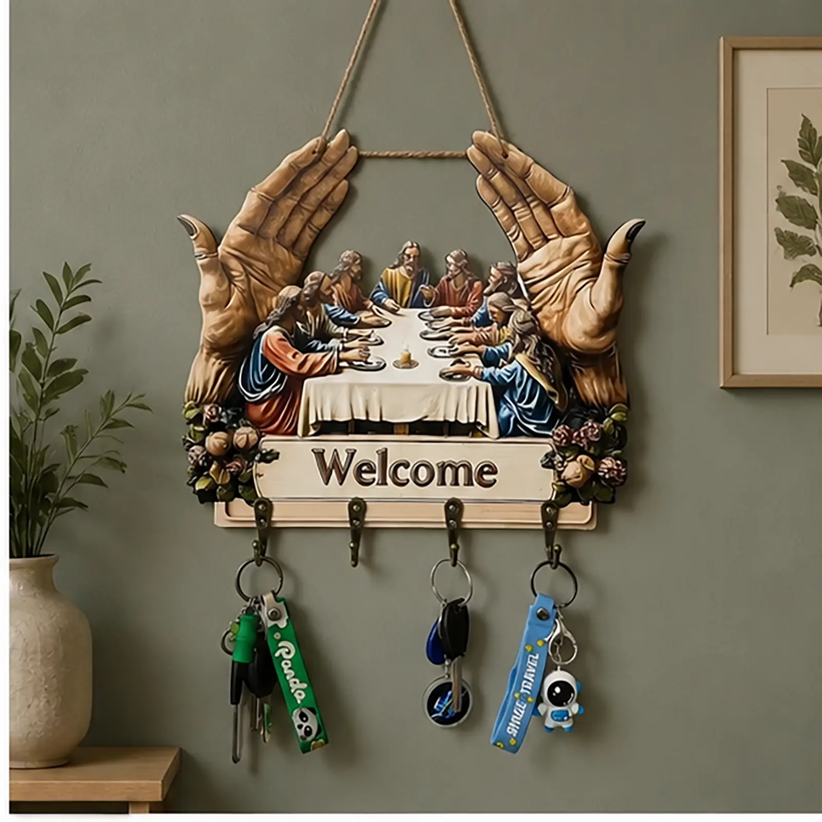 Christian Key Holder Wall Decor with 4 Hooks, Jesus and Disciples Religious Wall Art, Rustic Wooden Key Rack Organizer for Entryway, Farmhouse Faith Home Decor Gift for Family & Friends