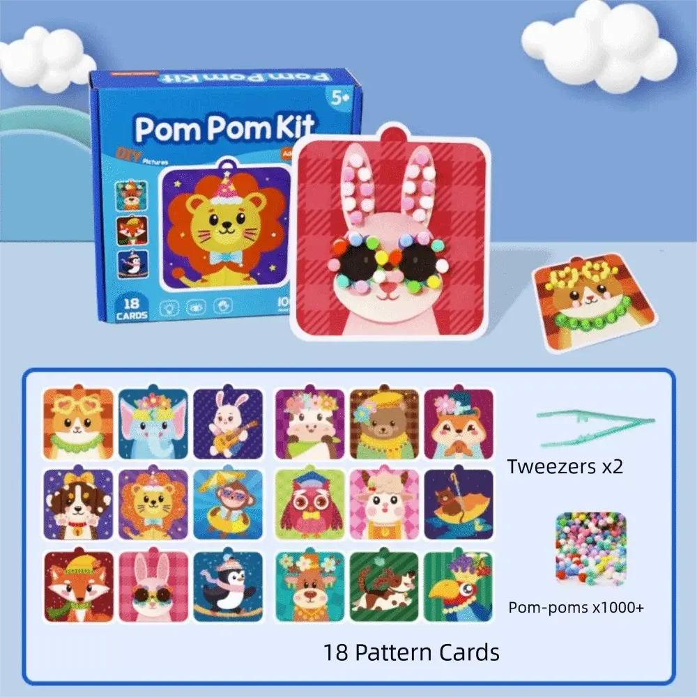 Handmade Material Children's Sticker Book Educational Early Learning Animal Pompom Art Kit Cartoon Montessori Pompom Crafts Toy