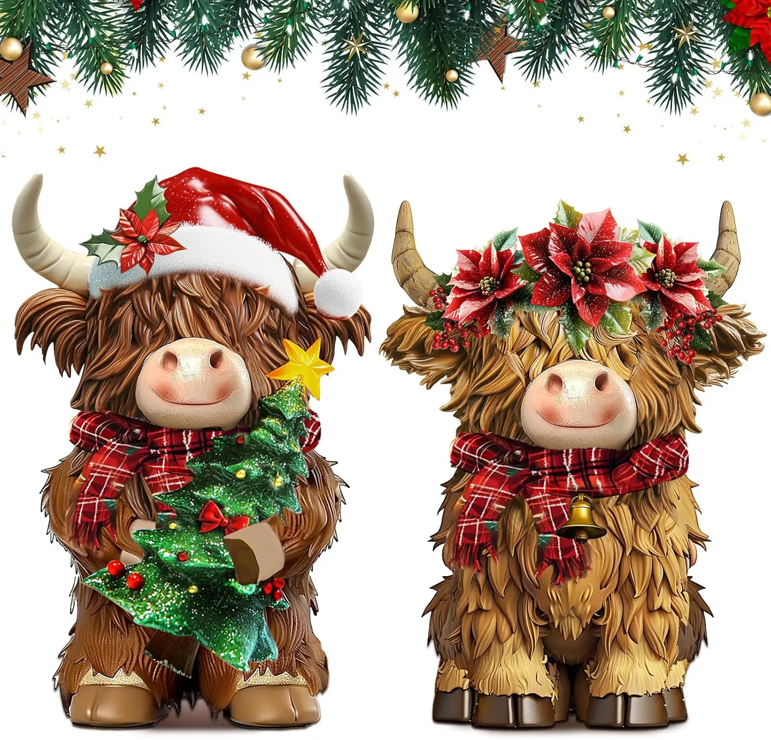 2 Pack Christmas Highland Cow Decor  Highland Cow Figurine Christmas Cows  with Santa's Hat Scarf  Statue for Garden Table Shelf  Decor   Herd Gifts