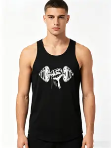 Gym Dumbbell Print Stringer Tank Top Men Women, Black Y-Back Workout Sleeveless Shirt Streetwear