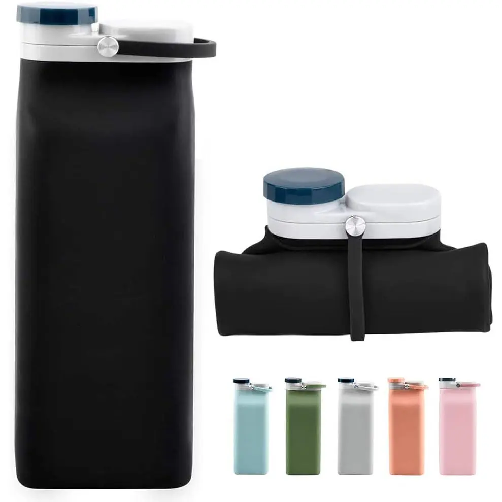 Collapsible Water Bottle BPA Free - 20 oz Foldable Water Bottle for Travel Sports Bottles with Triple Leak Proof Lightweight (Black)