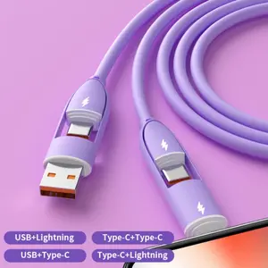 4-in-1 60W Type-C Super Fast Charging Cable, Multi-Purpose Silicone Data Cable, USB to Micro USB, Type-C, Lightning Charger for Smartphones, Compatible with iPhone and Samsung, Durable Silicone Material, 1 Meter Long, Multi-Device Charging Solution