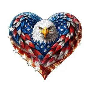Patriotic Eagle-2 Wooden Jigsaw Puzzle-Heart Shaped American Flag Design for Mind Games and Focus Improvement