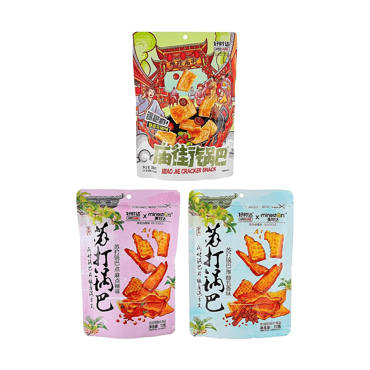 3 Pack HESTARS Chinese Rice Crackers Guoba - Spicy Five-Spice Sichuan Peppercorn Flavor 8.89 oz, Combo Variety