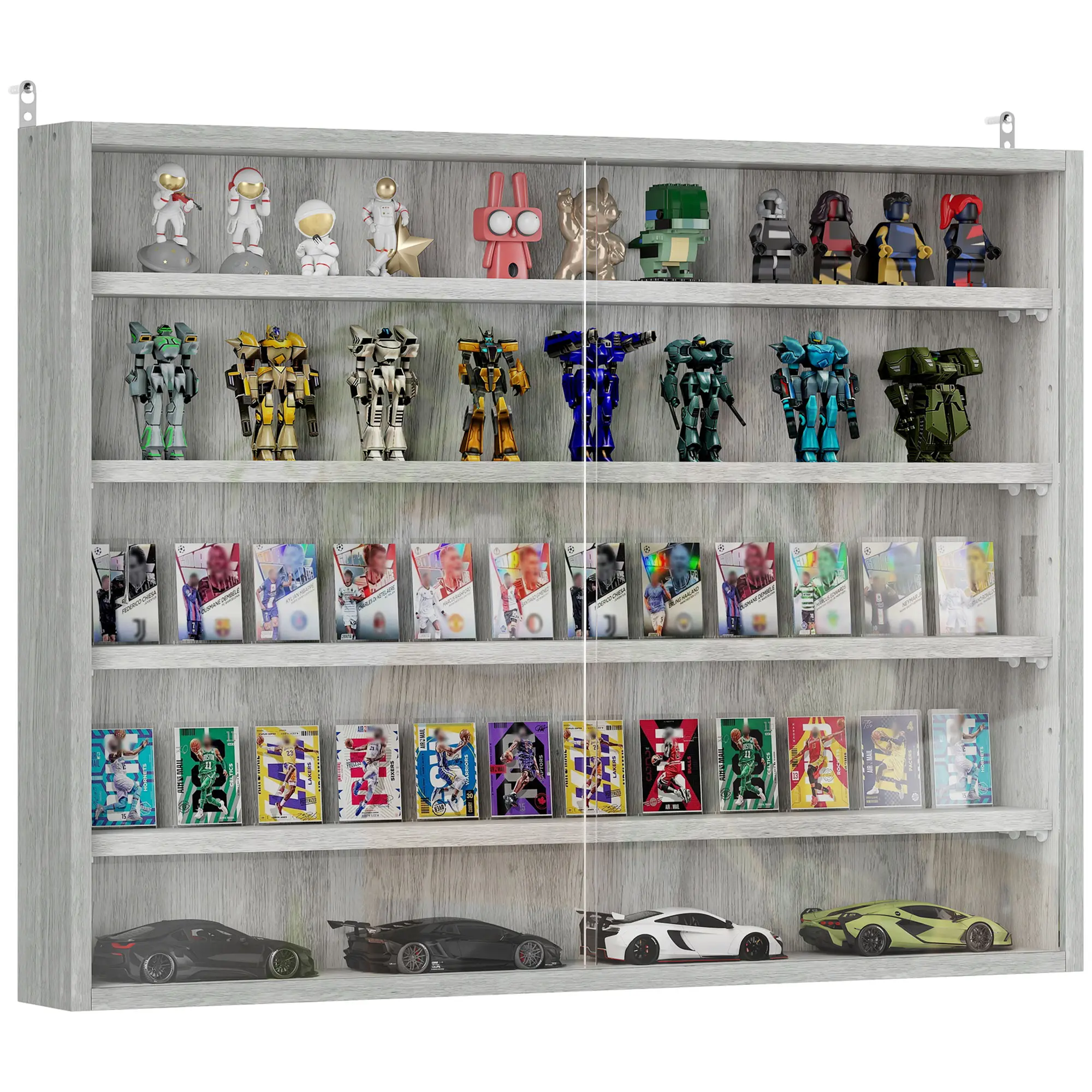 5-Tier Wall-Mounted Display Cabinet – 2 Glass Doors & 4 Adjustable Shelves with 7 Height Options. Transparent Glass for Clear View. Perfect for Collectibles, Perfume, Figurines & Medals. Gray