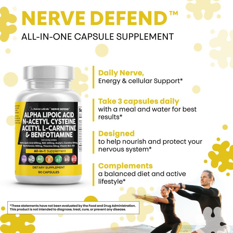 Clean Nutra Alpha Lipoic Acid, N-Acetyl Cysteine, Acetyl L-Carnitine & Benfotiamine for Healthy Nerve Function - Nerve Defend