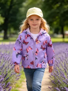 Girls' Long Sleeve Hooded Zip Up Jacket, Casual All-Over Print, Loose-Fitting, Spring & Fall, Korean Style, Fashion Outerwear, Jacket with Hood