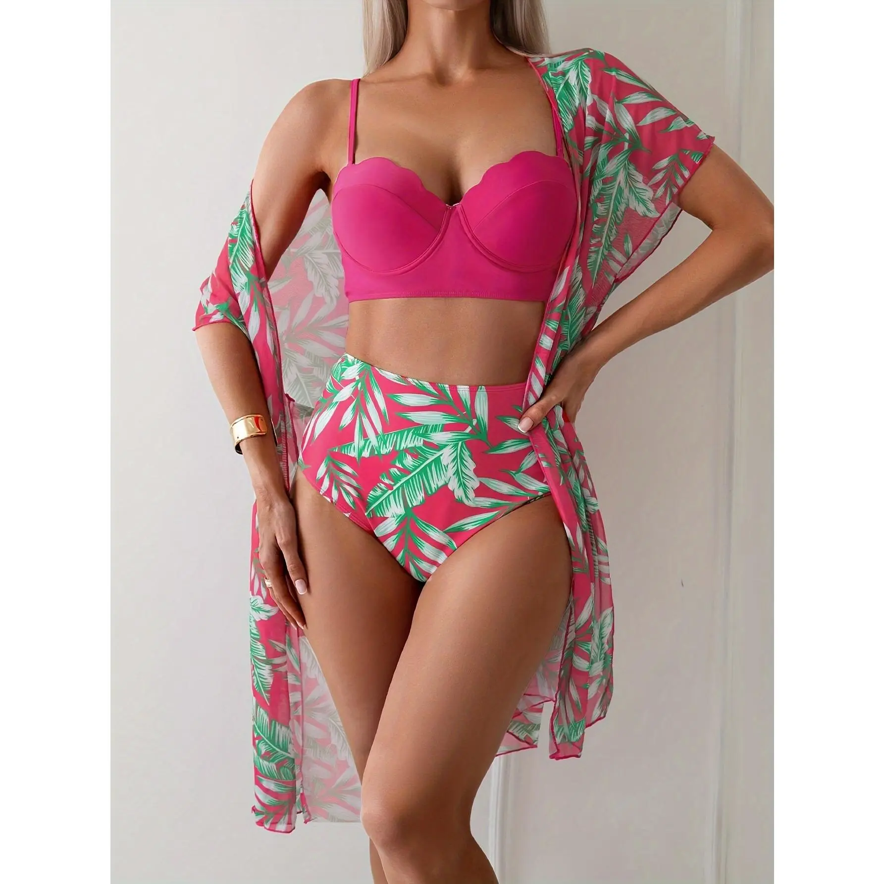 Women's 3-Piece Tropical Print Bikini Set - Spaghetti Strap High Waist Cover-Up Shirt, Allover Print Beach Style Swimwear with Hawaii Style Bikinis Bottoms, Three-Pieces