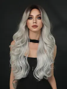 28 Inch Women's Gradient Silver Color Wavy Wig, Gorgeous Loose and Fluffy Mid-part Synthetic Fiber Wig for Daily Wear, Perfect Festival and Mother's Day Gift, Loose Wave Wigs