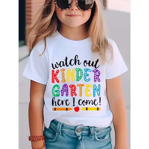 Girls' T-Shirt with Short Sleeves Made of. Get Ready, Kindergarten, I'M on My Way! Adorable, Colorful Letter Print on a Versatile And Comfy Round Neck Top