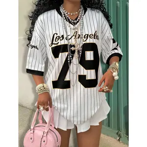 Essential for Daily Casual Wear, V-Neck Short Sleeve Striped Patchwork T-Shirt With Numeric Print