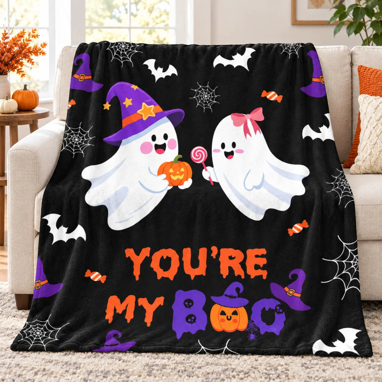 Halloween Ghosts Blanket - "You're My Boo" Design with Bats and Pumpkins - Cozy and Festive for Home Decor