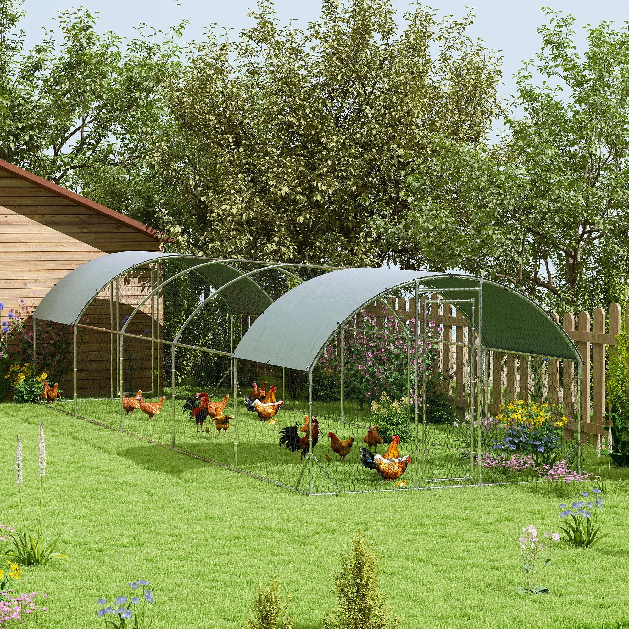 Galvanized Steel Chicken Cage with Chain-Link Walls, Rust-Proof Durable Build, Secure Access, Connectable to Wooden Coop for Rural Outdoor Chickens/Rabbits Poultry Living Space