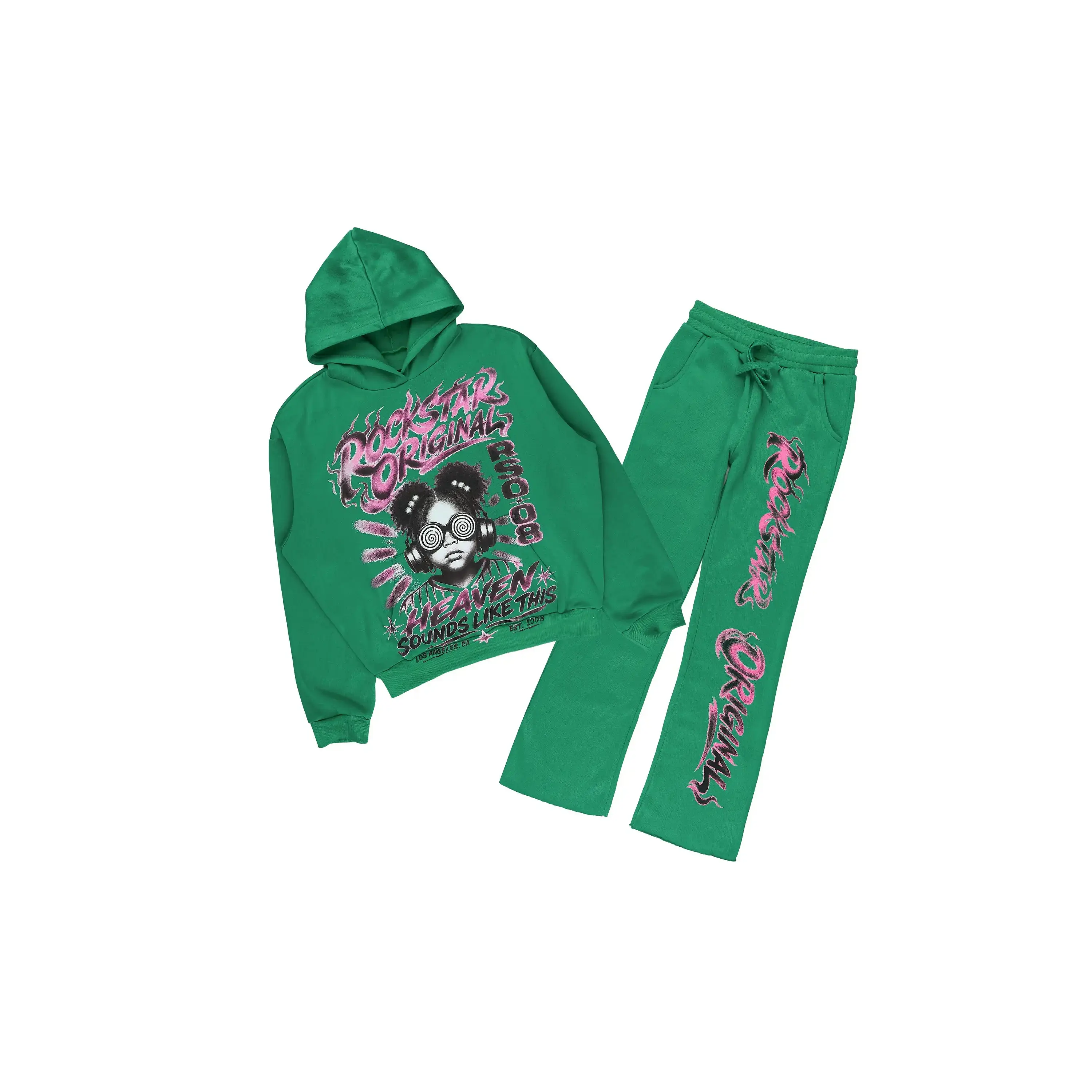 Girls Loomy Green/Light Pink Graphic Hoodie Track Set