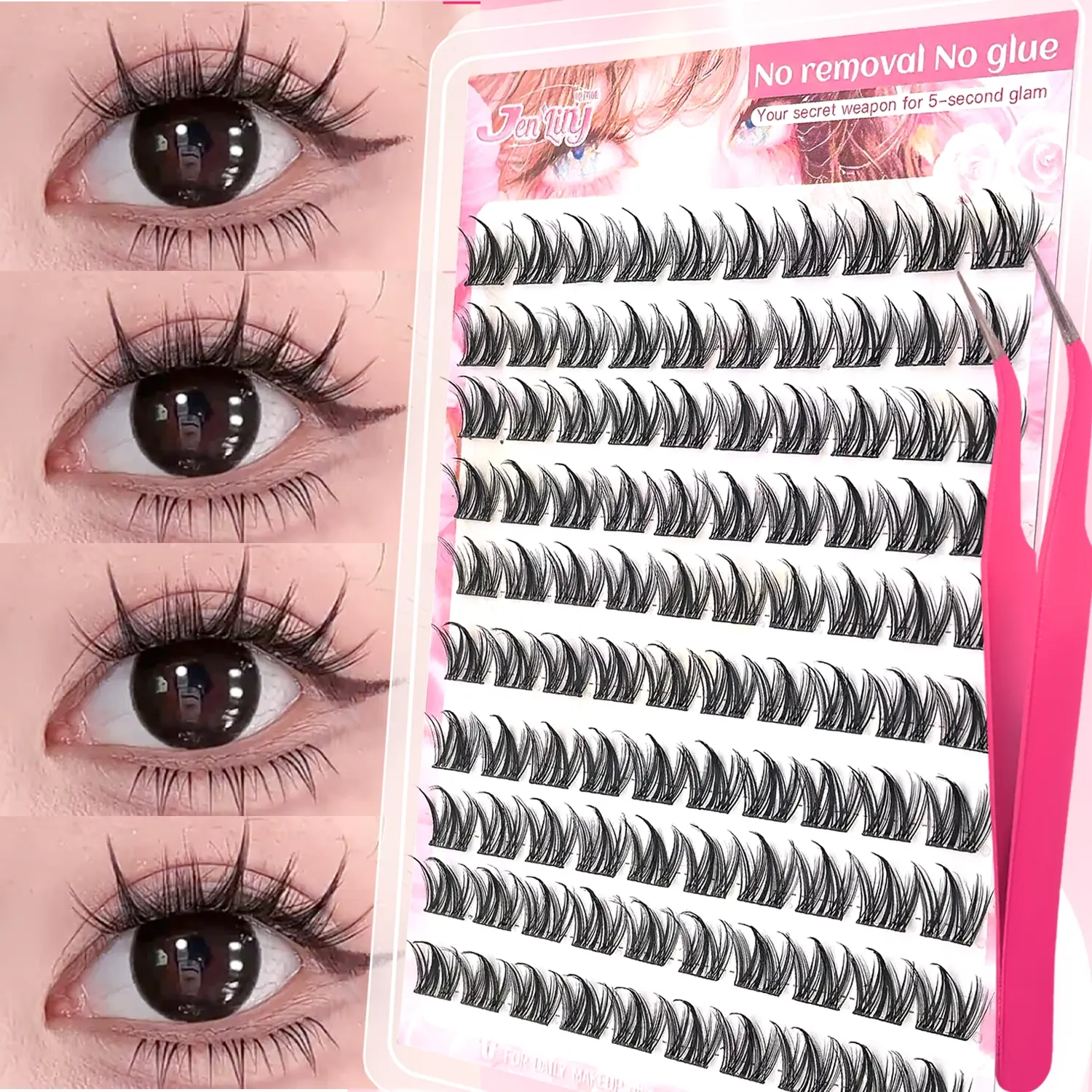 Self-Adhesive Eyelash Cluster Set, Self-Adhesive False Eyelashes with Tweezers, C-Curl Natural Fluffy Eyelash Clusters, Reusable with Built in Glue Strips, DIY Lash for Beginners, Easy Application, Glueless Lashes