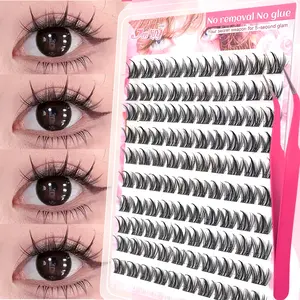 Self-Adhesive Eyelash Cluster Set, Self-Adhesive False Eyelashes with Tweezers, C-Curl Natural Fluffy Lashes, Reusable with Built in Glue Strips, DIY Lash for Beginners, Easy Application, Glueless Lashes