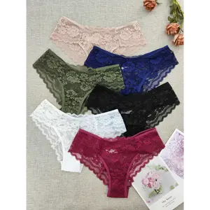 [Semi-Sheer Lace Bikini Panties] 6pcs Semi-Sheer Lace Floral Low-Rise Bikini Panties - Breathable Nylon Blend, Cute & Comfortable