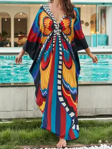 Women's Butterfly Print  Cover Up Dress, Casual Long Sleeve Cover Up Dress for Beach Holiday Vacation, Ladies Swimwear for All Seasons, Swimsuit Cover Ups