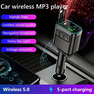 Wireless Car FM Transmitter Handsfree Call Car MP3 Player with 2 Type C Retractable Charging Cable 5 in 1 Fast Charge Adapter with Roof Starlight