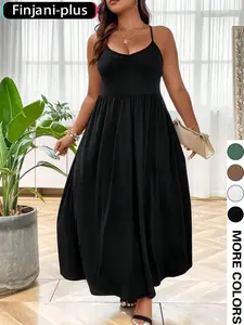 Plus Size Criss Cross Backless Cami Dress, Casual Solid Sleeveless Spaghetti Strap A-Line Dress for Summer, Women's Clothes for Party Holiday