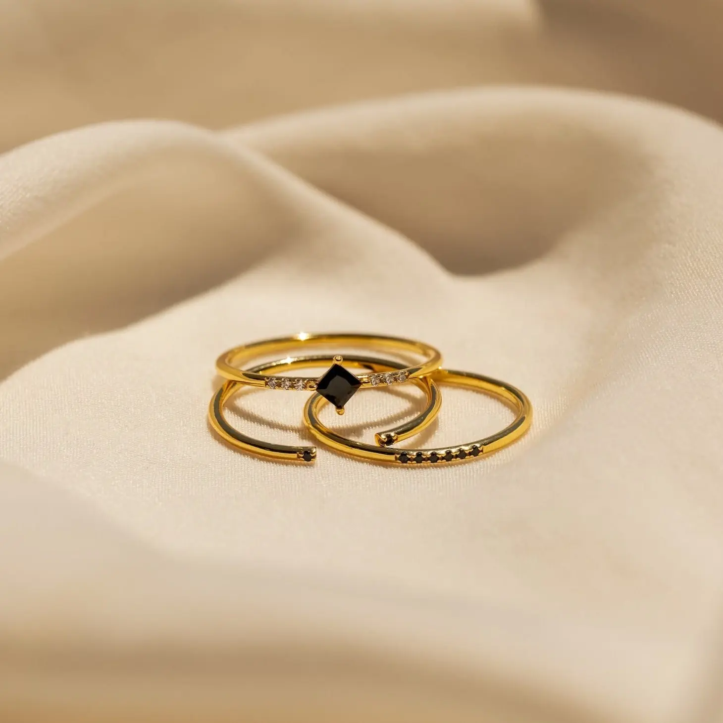 Black Abyss Ring Set by Caitlyn Minimalist - Dainty Black Onyx Stackable Ring Set in Gold & Silver - Art Deco Jewelry - Gift for Her