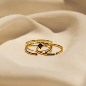 Black Abyss Ring Set by Caitlyn Minimalist - Dainty Black Onyx Stackable Ring Set in Gold & Silver - Art Deco Jewelry - Gift for Her