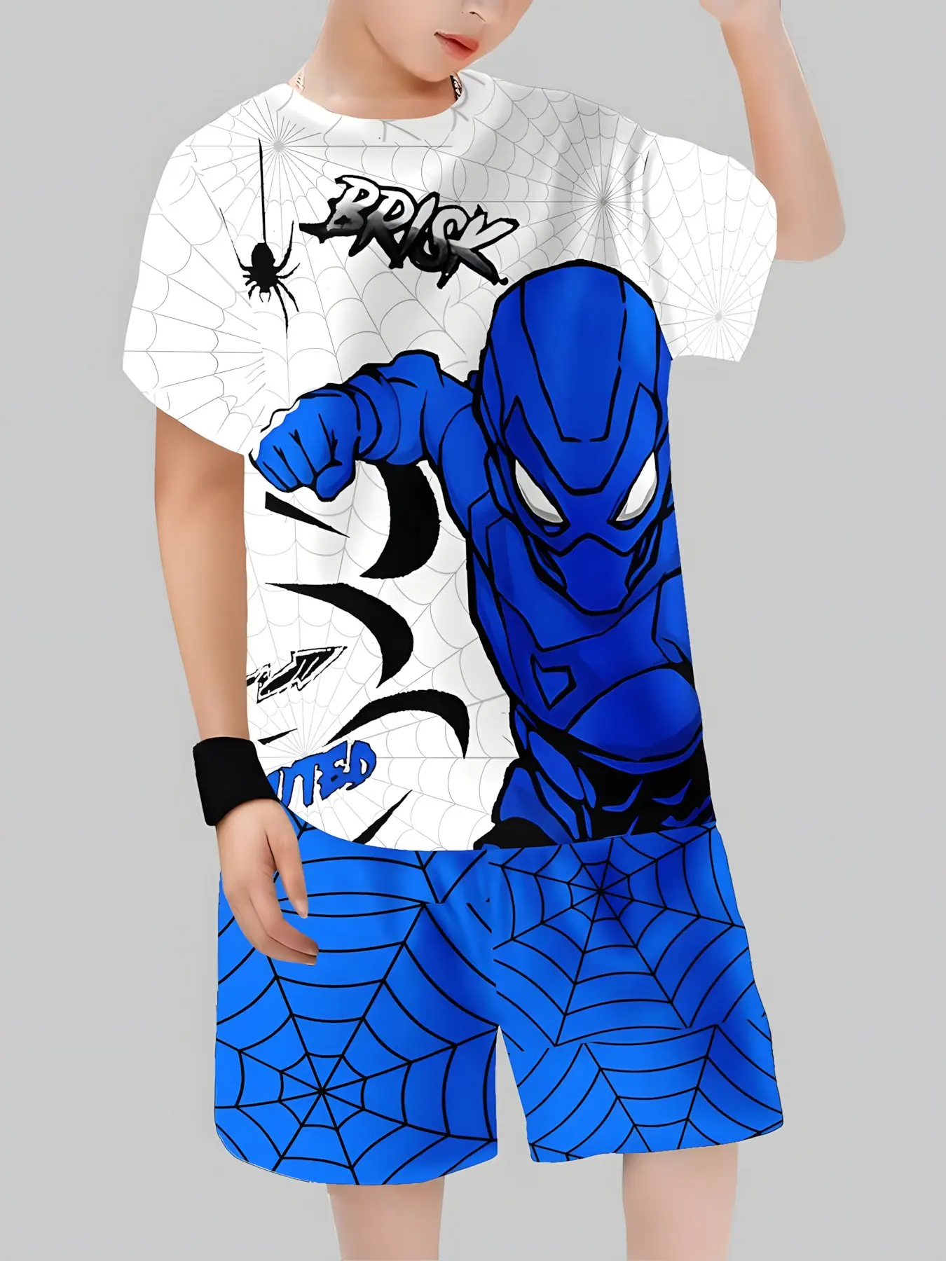 Spider-Man Blue Suit Anime Costume Set for Boys, Casual Asymmetrical Design, Short Sleeve Crop Tee, Spring & Fall Fashion