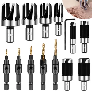 14Pcs Countersink Drill Bit Set, High Speed Steel Tapered Wood Plug Cutter & Chamfer Drilling Tool Kit - with Allen Wrench, Titanium Coated, for Woodworking, Carpentry, Soft Metal