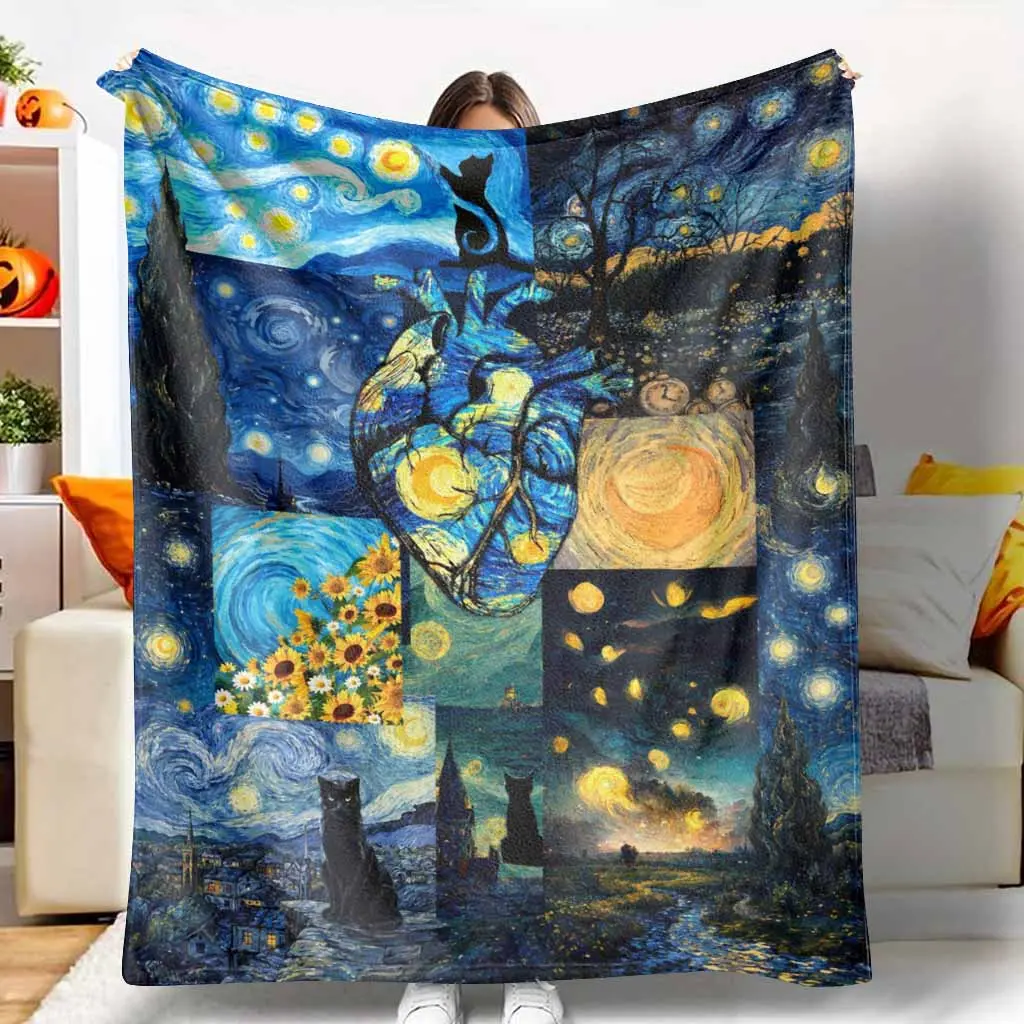Starry Night Cat And Heart Flannel Blanket Van Gogh Style Art Print Cozy Soft Warm Lightweight Throw Blanket For Sofa Bed Living Room Gift Home Decor Relaxing Nights
