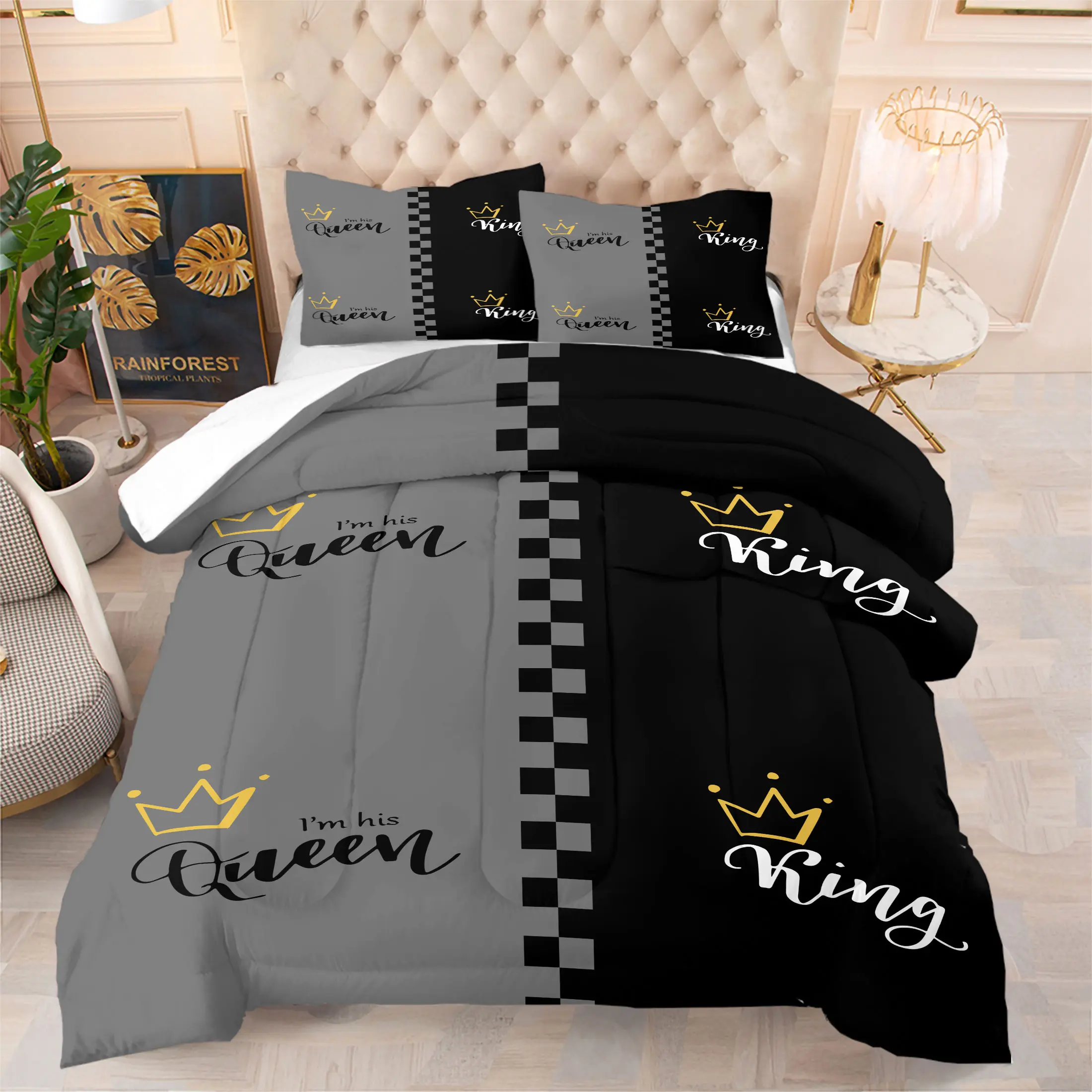 "King"  "Queen" Pattern Printed Comforter Set, Including 1/2 Coreless Pillowcase, Couple Theme Bedding Gift Set, Full of Romantic and Sweet Atmosphere in The Bedroom, Warm and Soft and Comfortable Bedding