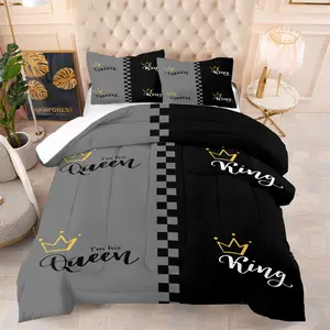 "King"  "Queen" Pattern Printed Comforter Set, Including 1/2 Coreless Pillowcase, Couple Theme Bedding Gift Set, Full of Romantic and Sweet Atmosphere in The Bedroom, Warm and Soft and Comfortable Bedding