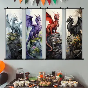4 Count Hanging Banners, Fantasy Dragon Theme Decor Poster, Cool Dragon Pattern Decoration, Game Room Decor, Living Room Art, Wall Art Painting, Wall Waterproof Print, Illustrations