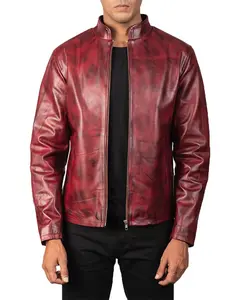 Mens Distressed Burgundy Biker Leather Jacket