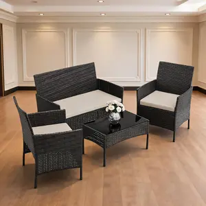Summer Backyard Must Have! 4 Piece Wicker Patio Furniture Set | Farmhouse Outdoor Conversation Set with Cushions & Glass Table | All Weather for Garden, Balcony, Porch & Pool