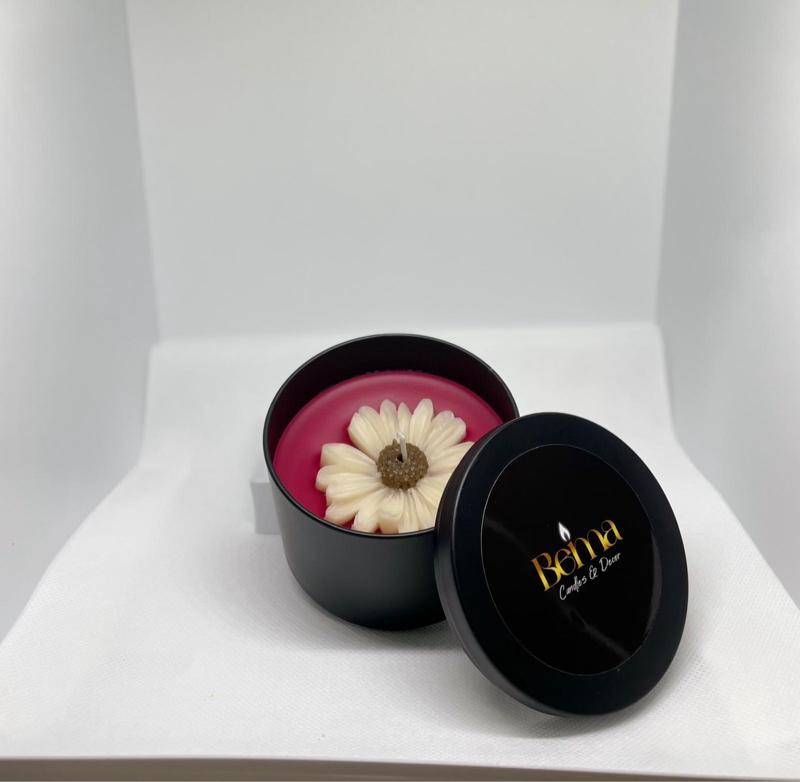 Bema Candle (Cherry Scented) in Decorative Tin with Flower Design and Black Lid - Ornaments