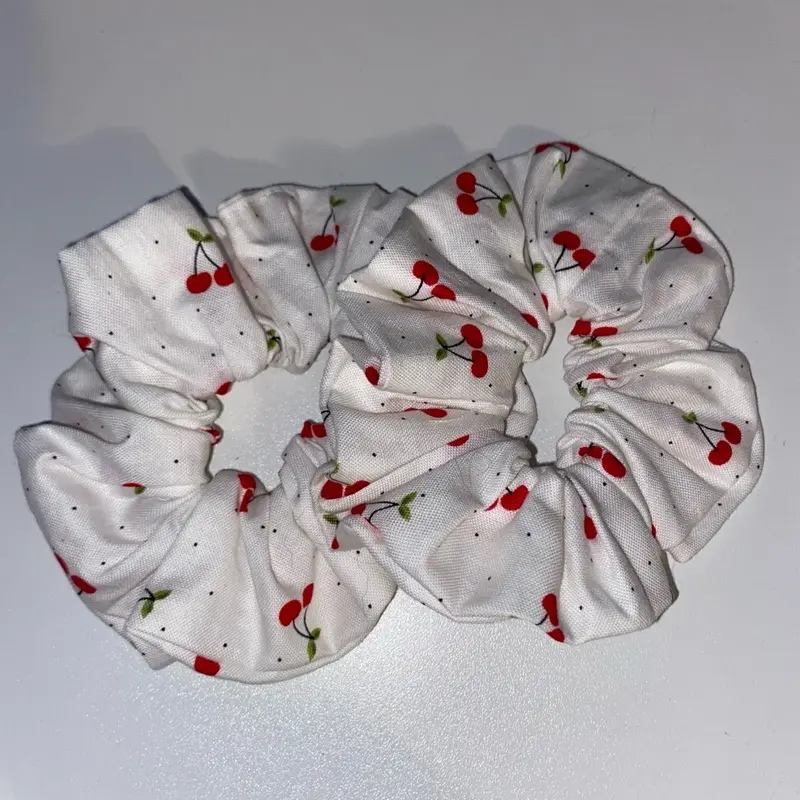 Handmade Polyester Scrunchie with Cherry Patterned Design White Fabric Hair Accessory