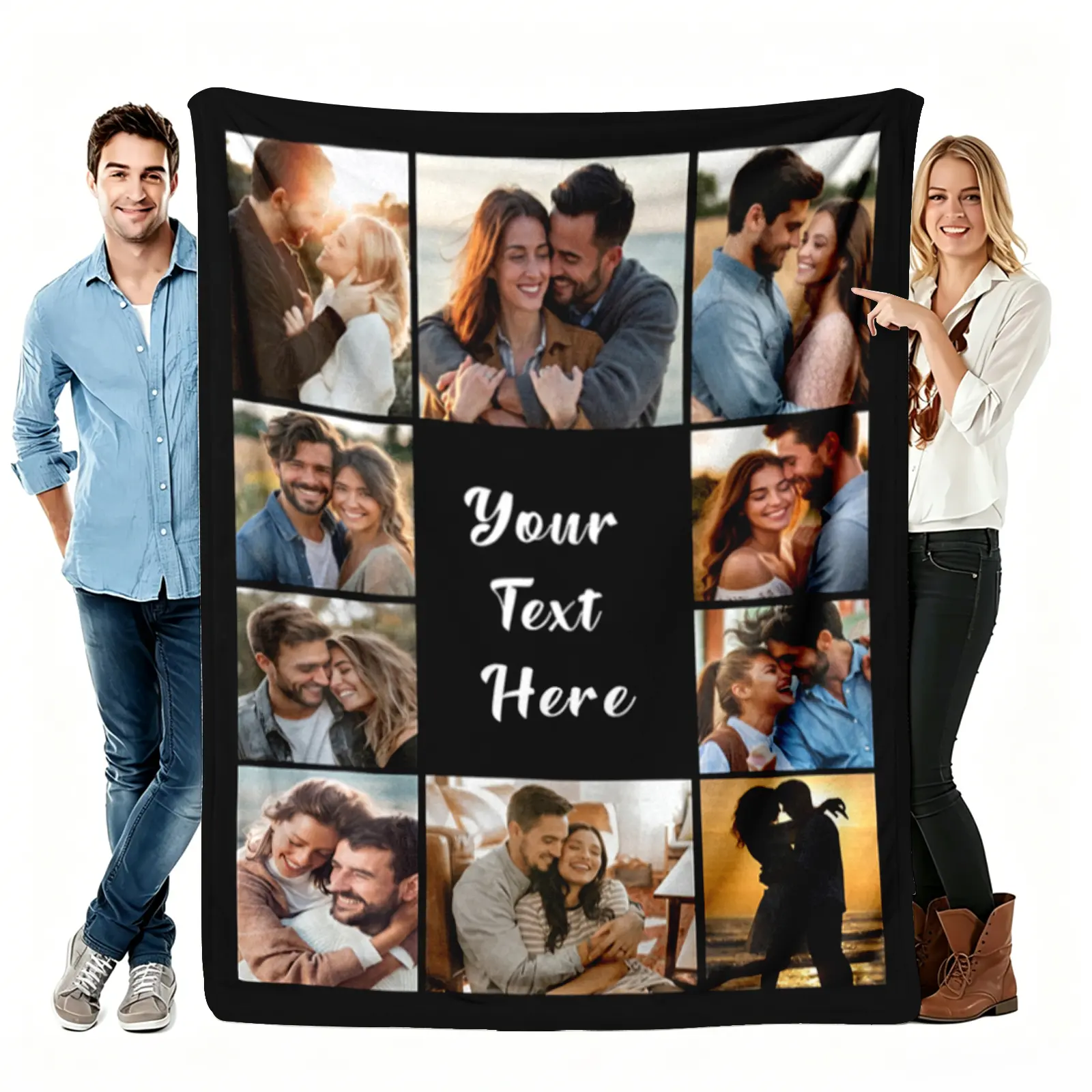 Custom Photo 9-Grid Collage Flannel Throw Blanket, Personalized Photo Blankets with Custom Text, Soft Cozy Warm, Romantic Gift for Couples, Couch Bedroom Decor, Collage Flannel Blanket