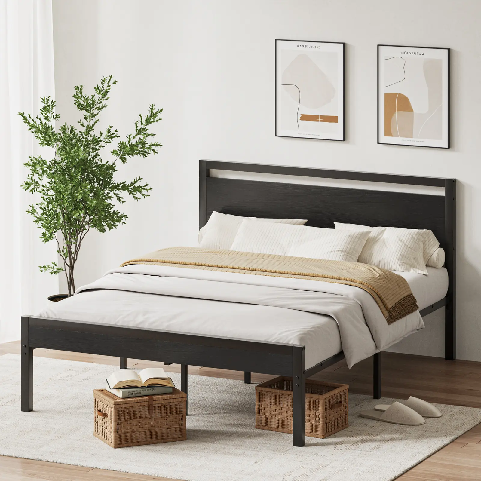 Bed Frame with Wood Headboard, Heavy-Duty Metal Platform With 1000Lbs Capacity, No Box Spring Needed, Noise-Free, Easy Assembly Design