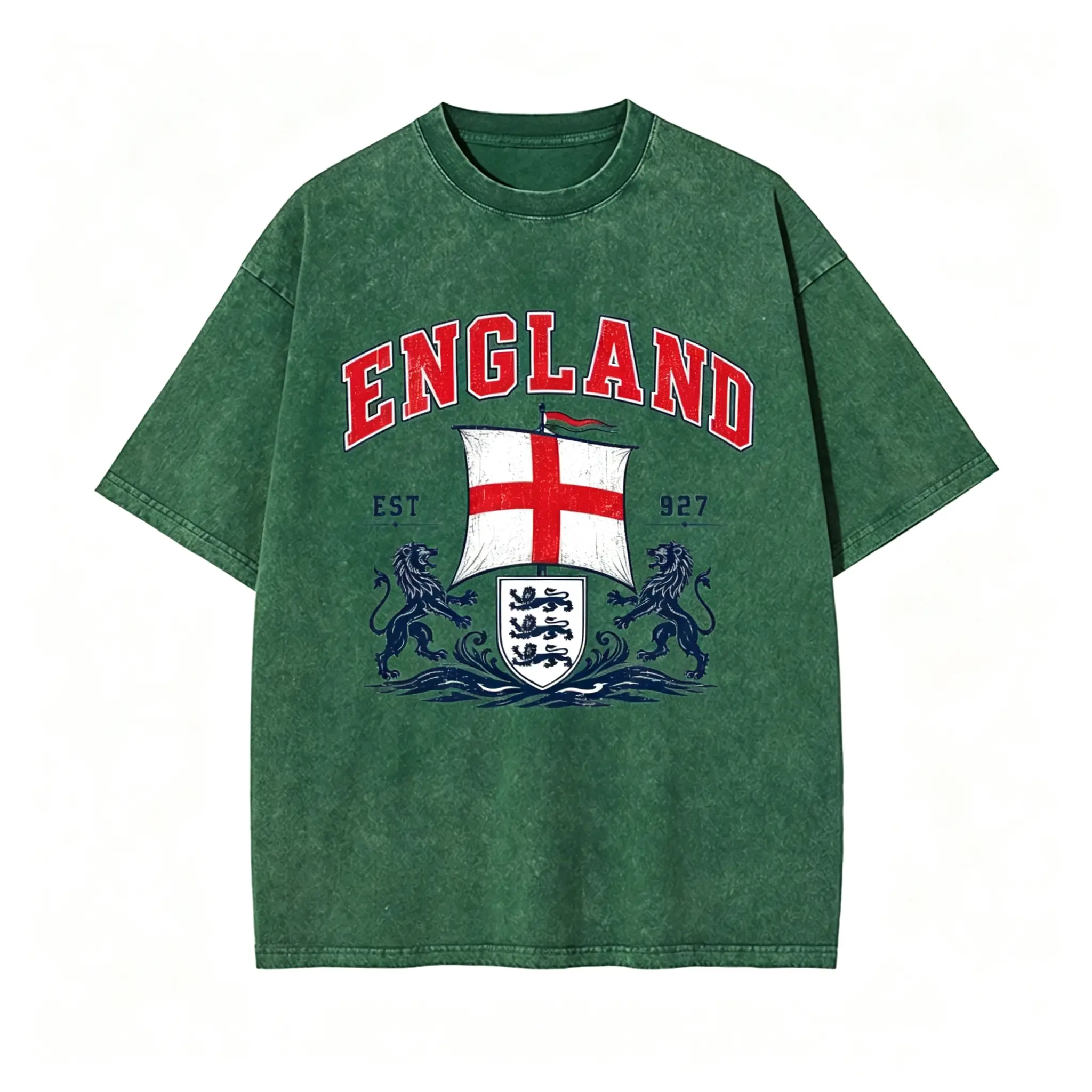 Men’s England soccer fan graphic T-shirt, vintage washed oversized cotton tee, flag crest print drop-shoulder streetwear top