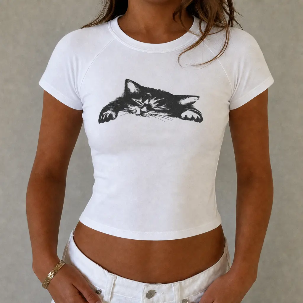 Women's Cat Print Round Neck Tee, Casual Slim-fitting Short Sleeve T-shirt for Daily Wear, Ladies Clothes for All Seasons, Casual Breathable Top, Casual Comfy Top