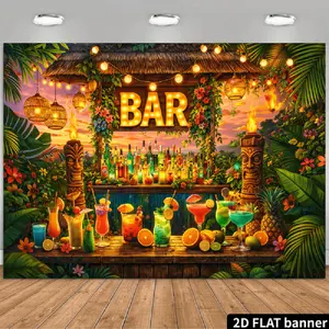 2D Flat Banner Polyester Photography Backdrop, HD Digitally Printed Tropical Tiki Bar Scene Background Cloth featuring Colorful Cocktails, Lush Foliage, and Sunset for Party Decoration, Photo Booth, Video Studio, Livestream, and E