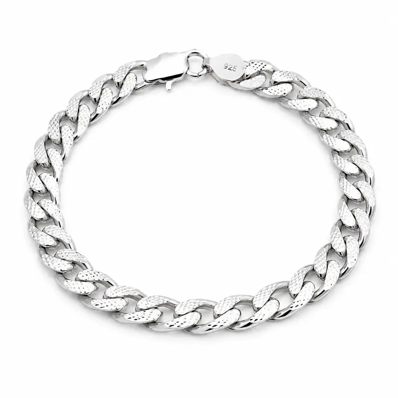 S925 Silver Diamond-Cut Cuban Link Bangle Bracelet Jewelry - 7.5in, 8mm Thick, Rhodium-Finish, Tarnish-Resistant, Durable Unisex Miami Look Bracelet for Adults' Daily Casual Wear