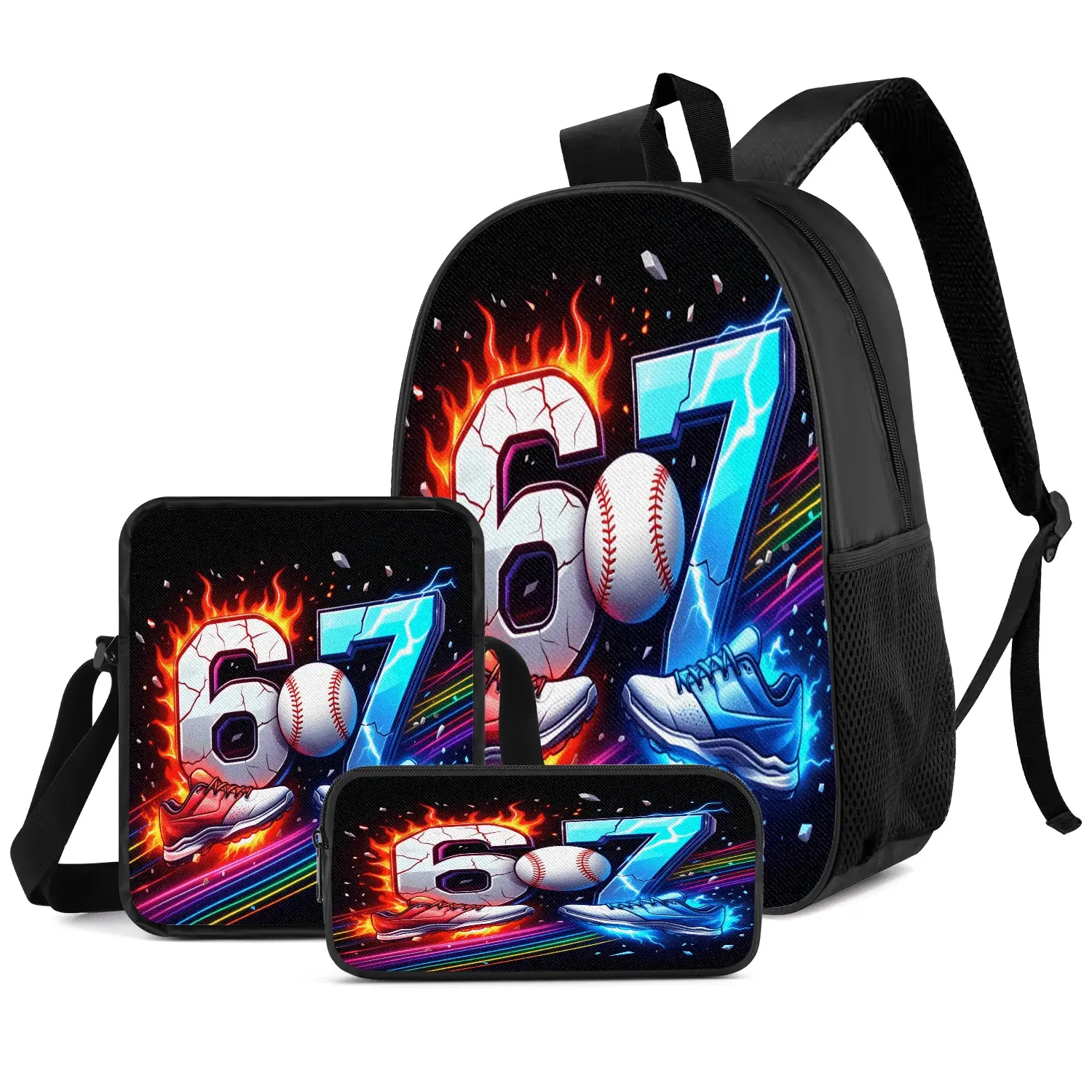 3-Piece Sporty Chic Backpack Set, "67" Baseball Print Synthetic 600D Oxford School Bag for Teens with Lunch Box & Case, Fits 15in Laptop for School & Travel, Back To School Haul, Campus Life