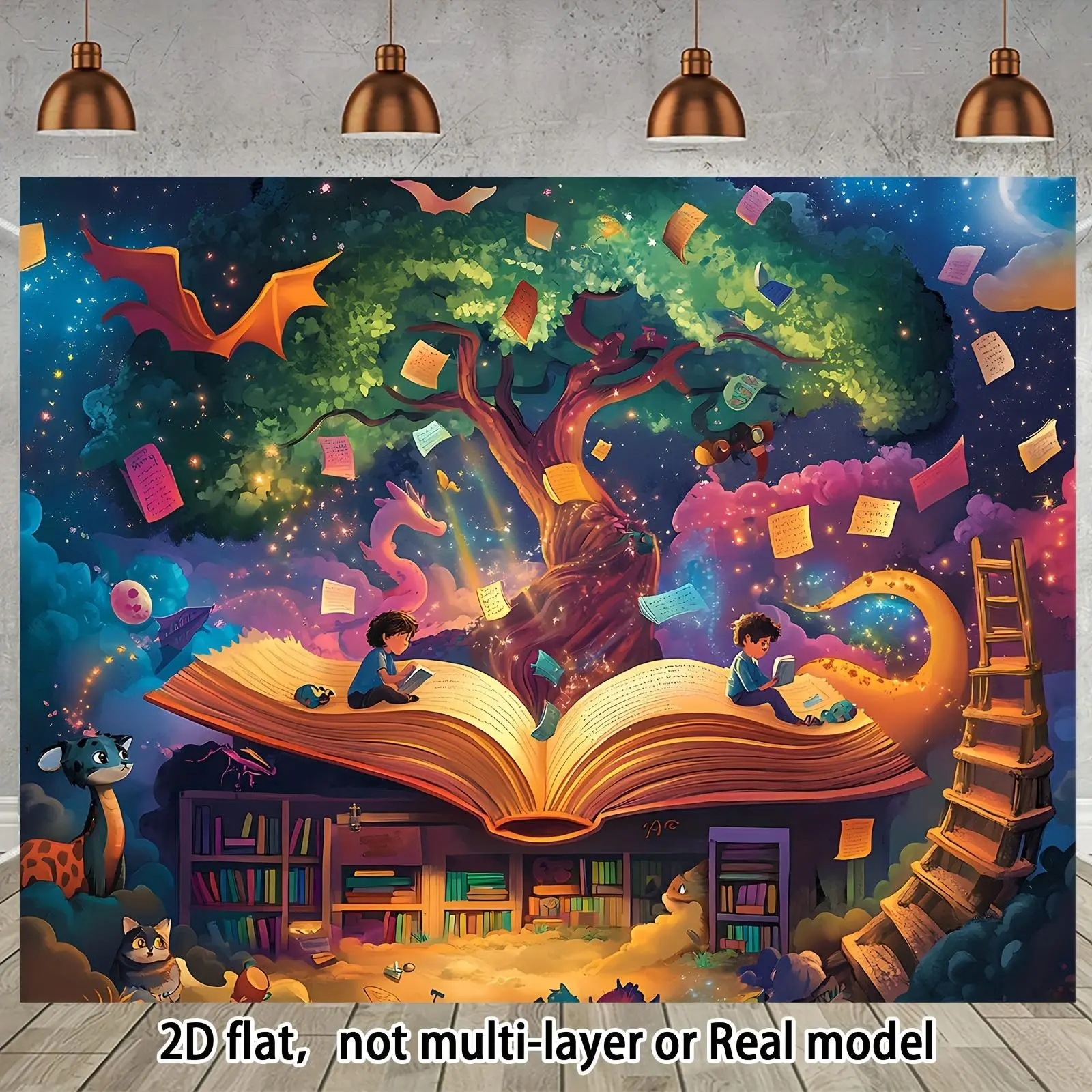1pc Modern Polyester Print Fantasy Library Flat Banner Backdrop - White Book Accent, Whimsical Reading Scene, Colorful Bookshelf, Starry Night Design, Fade-Resistant, All Seasons Home Decor, School Events Use