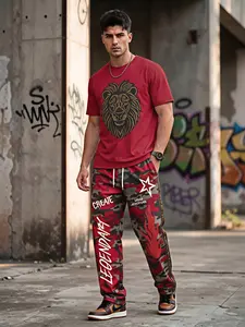 Men's Baggy Camo Lion Print Tracksuit, Stretchy Polyester Fabric, Oversized Loose Fit, Short Sleeve Gold Lion Graphic T‑Shirt & Red Camo Wide‑Leg Drawstring Pants 2‑Piece Outfit, Streetwear Matching Set For Adult Men, Summer Urban Skate Wear, Viral TikTok