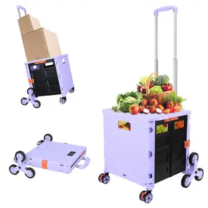SELORSS BY06C Folding Utility Cart, Portable Rolling Crate Handcart with Stair Climbing Wheels and 360°Swivel Wheels Telescoping Handle Heavy Duty Plastic Box Dolly for Travel Shop Move Office Teacher (Purple Climber) storage cart