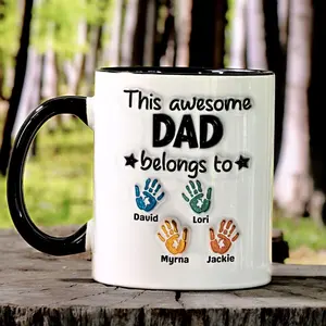 Personalized Father's Day Mug: -Effect Handprint Mug with Kids Names for Dad, Papa, Grandpa, 2D Printed 3D Effect, gift for her, gift for him, gift for mom, gift for dad, gift for friend, birthday gift mug.
